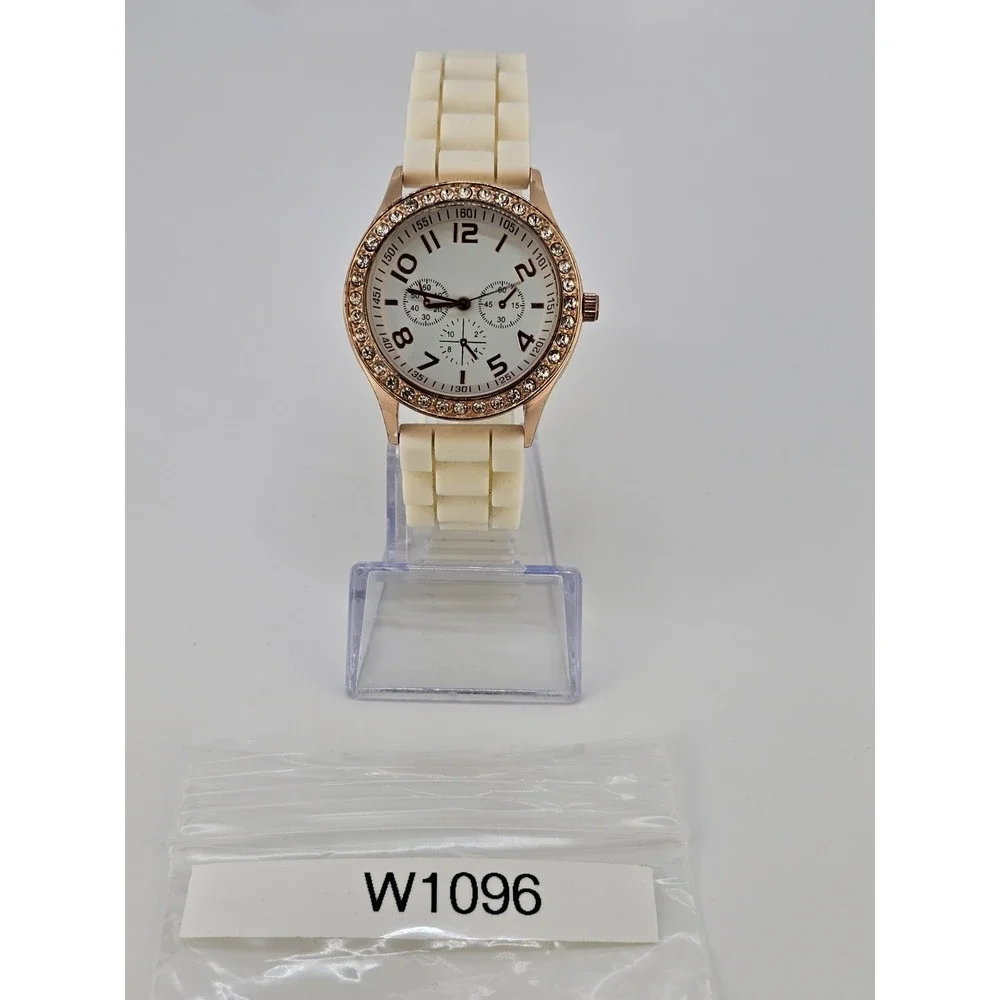Women Analog Watch 38MM White Dial Crystal Bezel Cream Plastic Bands NEW Battery